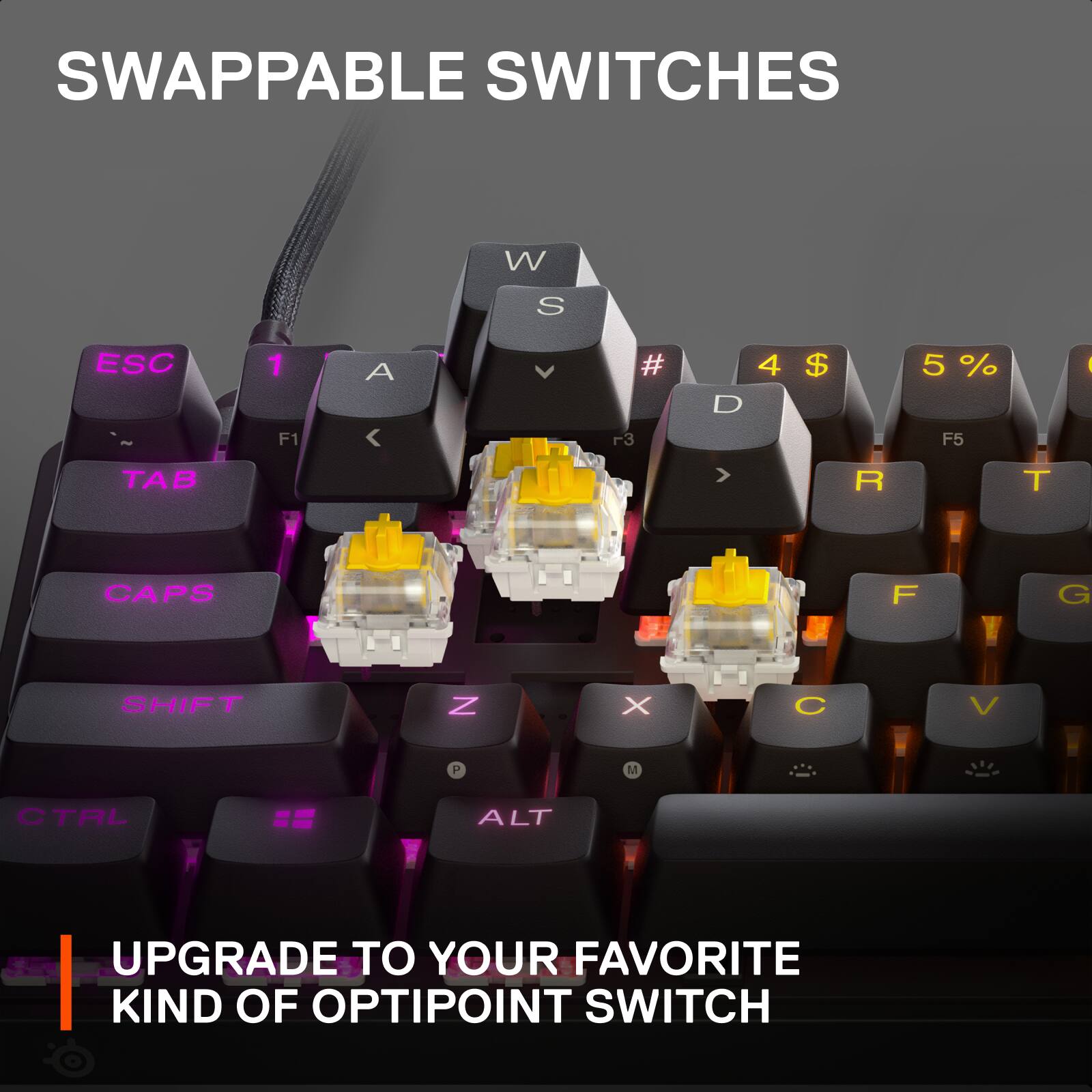 SWAPPABLE SWITCHES W S ESC 1 F1 A < V # F3 4 D $ 5 % F5 | TAB > R T CAPS F G SHIFT Z X C V P M CTRL == ALT UPGRADE TO YOUR FAVORITE KIND OF OPTIPOINT SWITCH