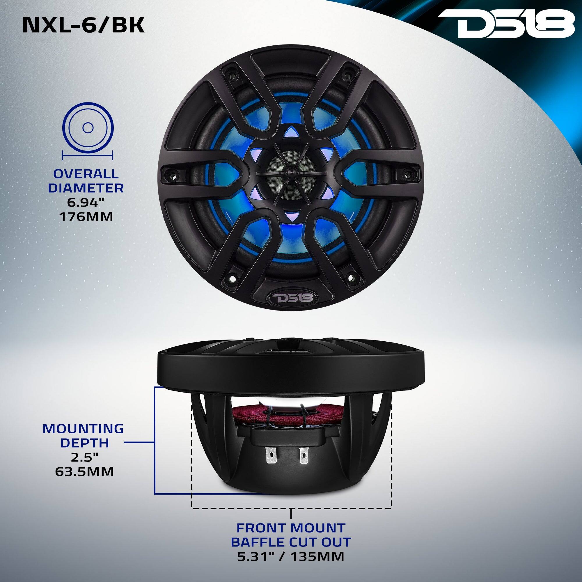 NXL-6/BK  
D518  
OVERALL DIAMETER 6.94" 176MM  
MOUNTING DEPTH 2.5" 63.5MM  
FRONT MOUNT BAFFLE CUT OUT 5.31" 135MM