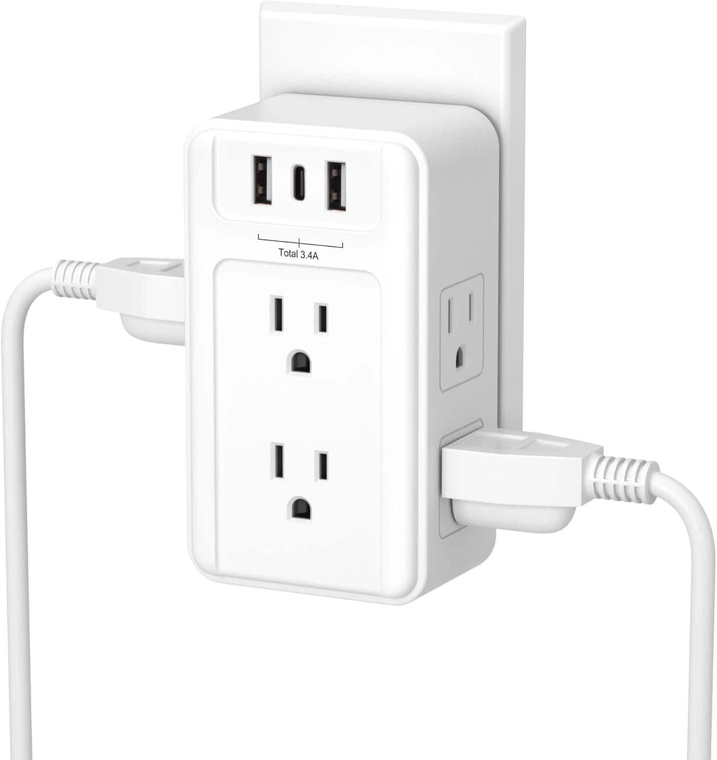 BN-LINK - Multi Plug Outlet, 6 Wall Outlets with 3 USB Ports (1 USB-C), 3.4A Total, 3-Sided Splitter for Home & Office - White