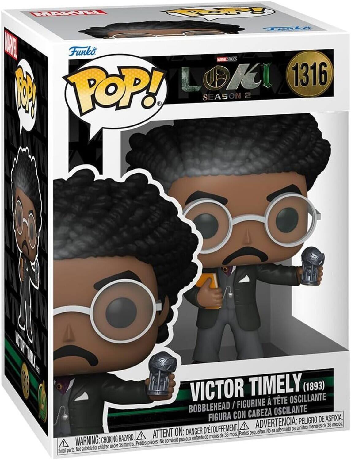 Sure, here is the corrected and grouped text from the image:

---

**Top Left:**
- MARVEL

**Top Center:**
- Funko
- POP!
- MARVEL STUDIOS
- LOKI
- SEASON 2
- 1316

**Bottom Center:**
- VICTOR TIMELY (1893)
- BOBBLEHEAD / FIGURINE À TÊTE OSCILLANTE
- FIGURA CON CABEZA OSCILANTE

**Bottom Left:**
- WARNING: CHOKING HAZARD
- ATTENTION: DANGER D'ÉTOUFFEMENT
- ADVERTENCIA: PELIGRO DE ASFIXIA
- Small parts. Not suitable for children under 36 months. Petites pièces. Ne convient pas aux enfants de moins de 36 mois. Partes pequeñas. No es adecuado para niños menores de 36 meses.

**Bottom Right:**
- Funko

---