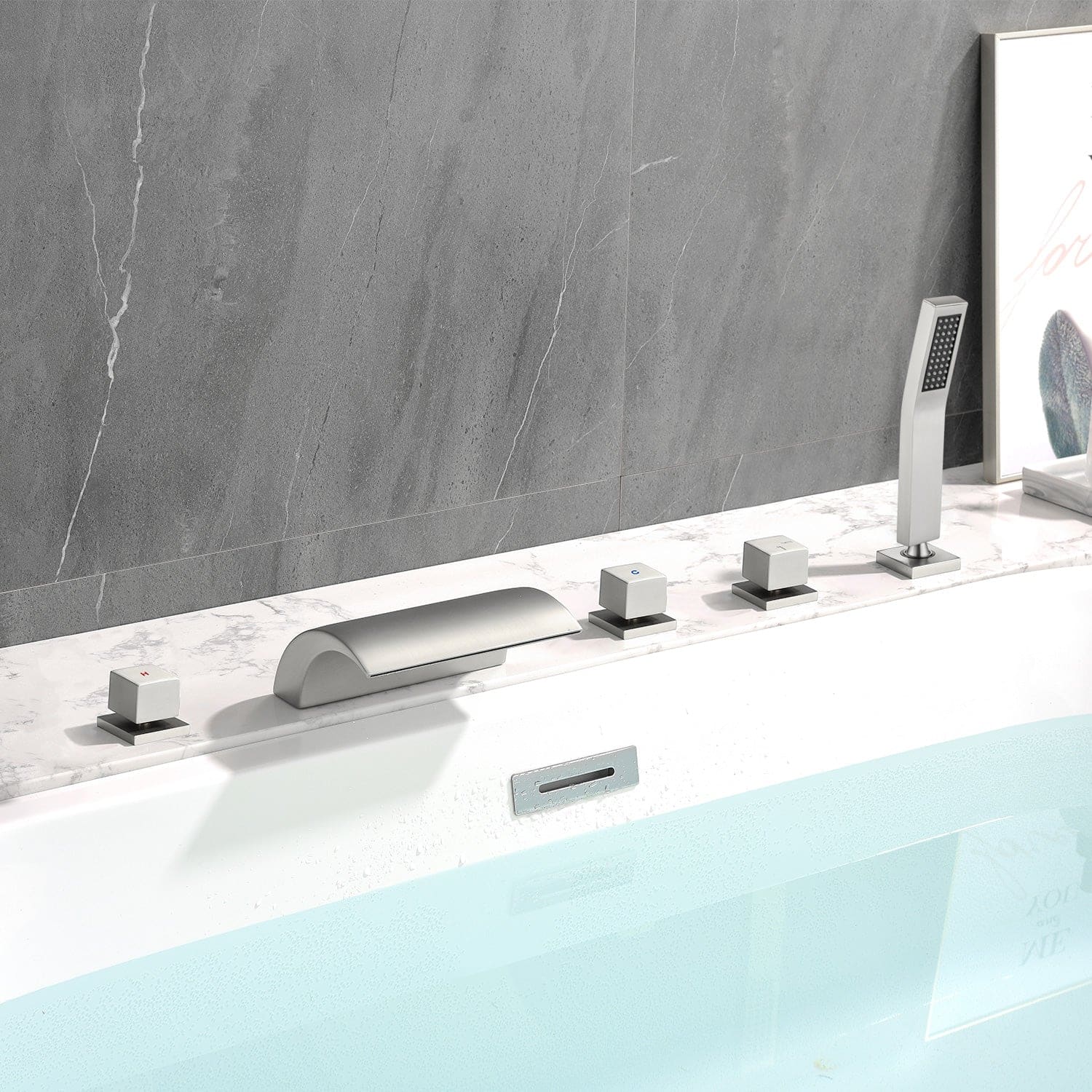 Boyel Living - Cold and Hot Water Five Hole Installation Waterfall Bath Tub Faucet with Handheld Shower - Brushed Nickel
