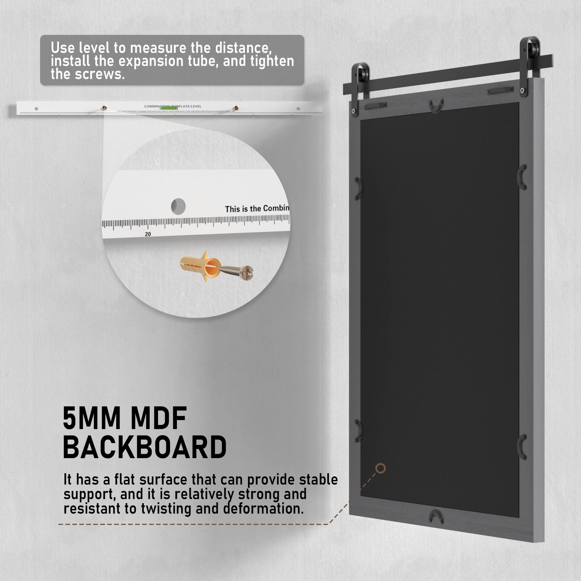 Use level to measure the distance, install the expansion tube, and tighten the screws.

This is the Combin 20 5MM MDF BACKBOARD. It has a flat surface that can provide stable support, and it is relatively strong and resistant to twisting and deformation.