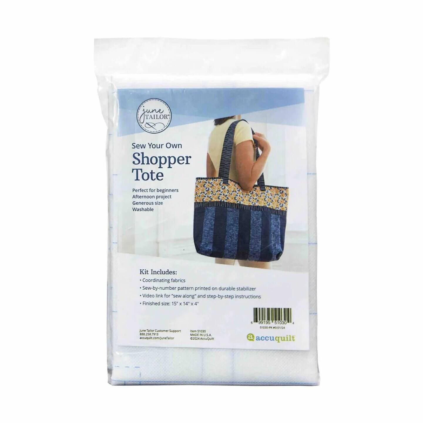 sune TAILOR Sew Your Own Shopper Tote Perfect for beginners Afternoon project Generous size Washable Kit Includes: Coordinating fabrics Sew-by-number pattern printed on durable stabilizer Video link for "sew along" and step-by-step instructions Finished size: 15" x 14" x 4" June Tailor Customer Support 888.258.7913 acuui.com/junetailor MADE IN USA 2024 AccuQuilt 99195 51030 - nOm P:S1 accuquilt