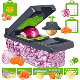 PARKER SLATER - 14-in-1 Multi-Functional Vegetable Chopper with 8 Blades for Cutting Onions, Carrots, Tomatoes, and Fruits - Black & Green
