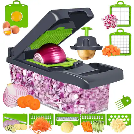 Front. PARKER SLATER - 14-in-1 Multi-Functional Vegetable Chopper with 8 Blades for Cutting Onions, Carrots, Tomatoes, and Fruits - Black & Green.