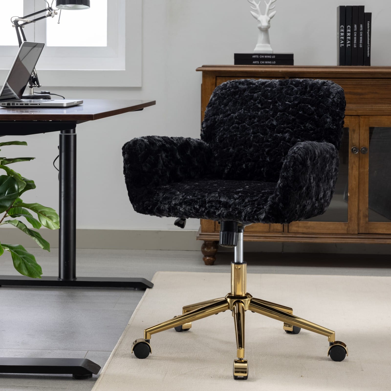 Z-Edge - Modern Home Office Desk Chair with Golden Metal Base, Adjustable Height, 360 Degree Swivel, Smooth-Rolling Wheels - Black