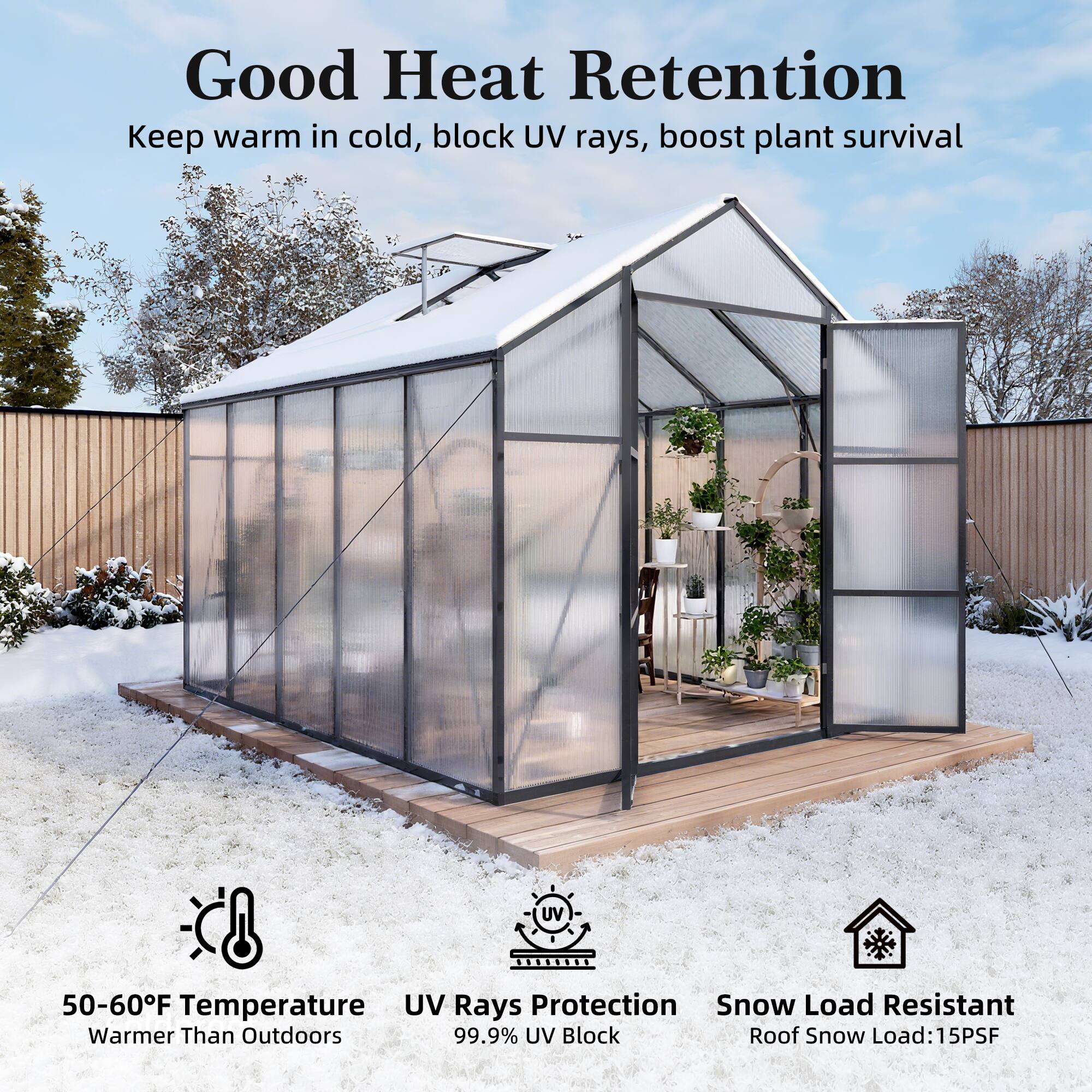 Good Heat Retention  
Keep warm in cold, block UV rays, boost plant survival  

50-60°F Temperature  
Warmer Than Outdoors  

UV Rays Protection  
99.9% UV Block  

Snow Load Resistant  
Roof Snow Load: 15PSF