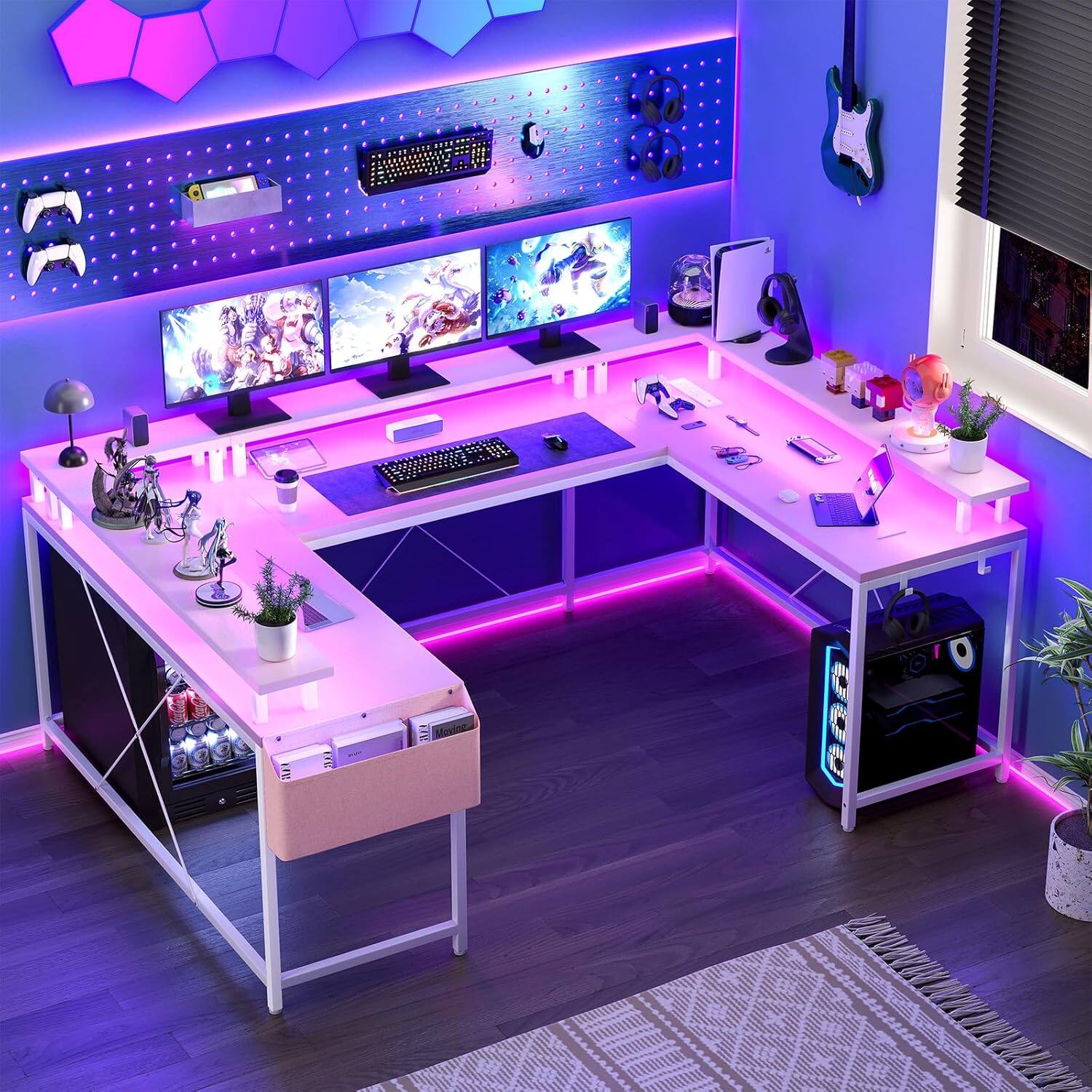 GAOMON - U-Shaped Home Office Desk with Power Outlets & LED Lights, 79" Reversible L-Shaped Computer Desk, Full Monitor Stand - Pink