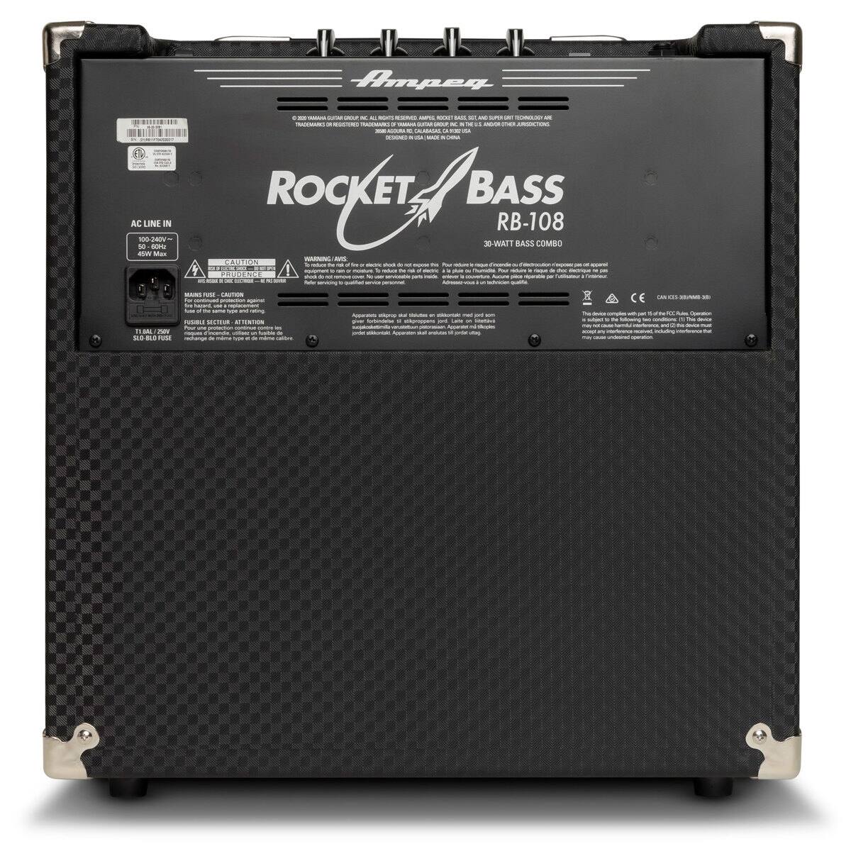 Aimpeg  
ROCKET BASS RB-108  
30-WATT BASS COMBO  

AC LINE IN  
100-240V~  
50-60Hz  
450W Max  

FUSE  
1.5A/250V  
T1/250V  
3.15A/250V  

WARNING:  
For your safety, do not remove or bypass the fuse.  
Do not use a fuse of a different type or rating.  

CAUTION:  
Do not use a fuse of a different type or rating.  

MADE IN CHINA  

CE  
C135 3893331  

IC 2020 AMPEG GROUP INC. RIGHTS RESERVED.  
TRADEMARKS OF AMPEG GROUP INC. OR REGISTERED TRADEMARKS OF THEIR RESPECTIVE OWNERS.  
DESIGNED IN USA.  

Ampeg  
ROCKET BASS RB-108  
30-WATT BASS COMBO  

The Ampeg Rocket Bass RB-108 is a compact, powerful bass combo amplifier designed for the working musician. It features a 30-watt solid-state amplifier with a 1