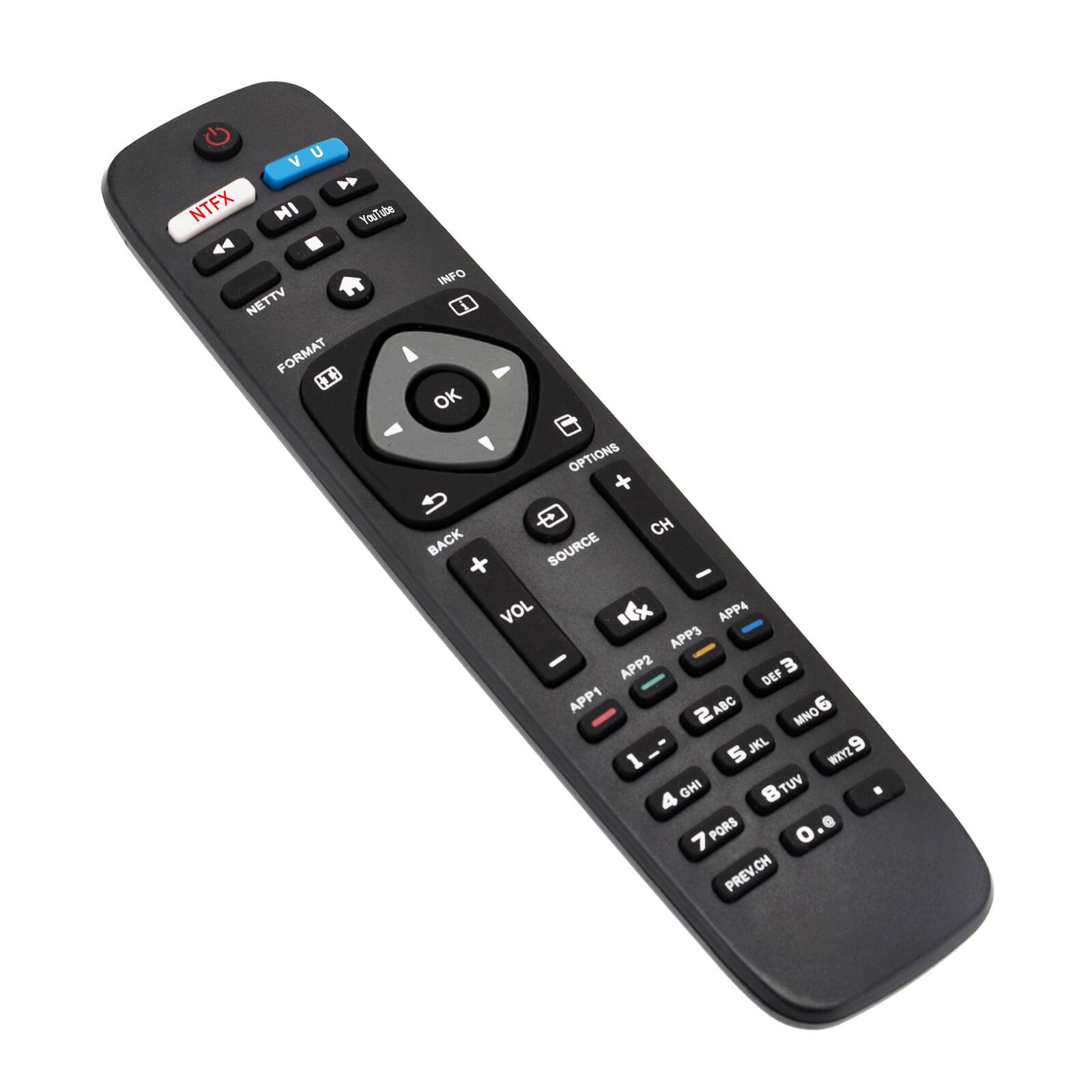 U V NTFX MI YouTube Tabe 44 NETTV FORMAT I INFO 1 OK OPTIONS BACK CH SOURCE - VOL x APP4 APP3 APP2 3 DEF APP1 ABC 6 2 MNO JKL 9 1 5 WXYZ GHI TUV 7 PORS PREV.CH CH