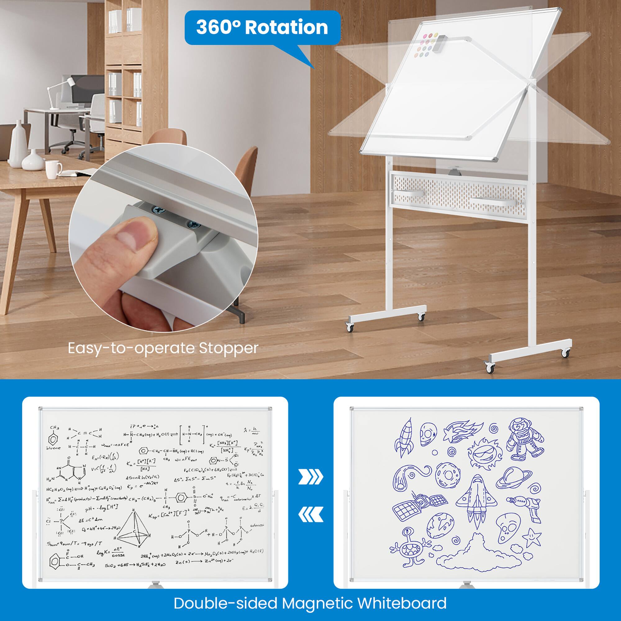 360° Rotation  
Easy-to-operate Stopper  

Double-sided Magnetic Whiteboard