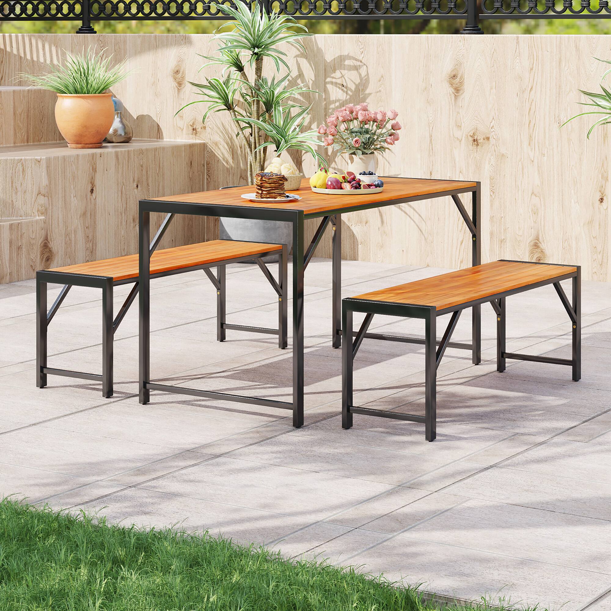 Alt View 4. Gymax - Gymax 3 PCS Patio Dining Set for 6 People 53'' Acacia Wood Picnic Table & 2 Benches - Natural, Black.