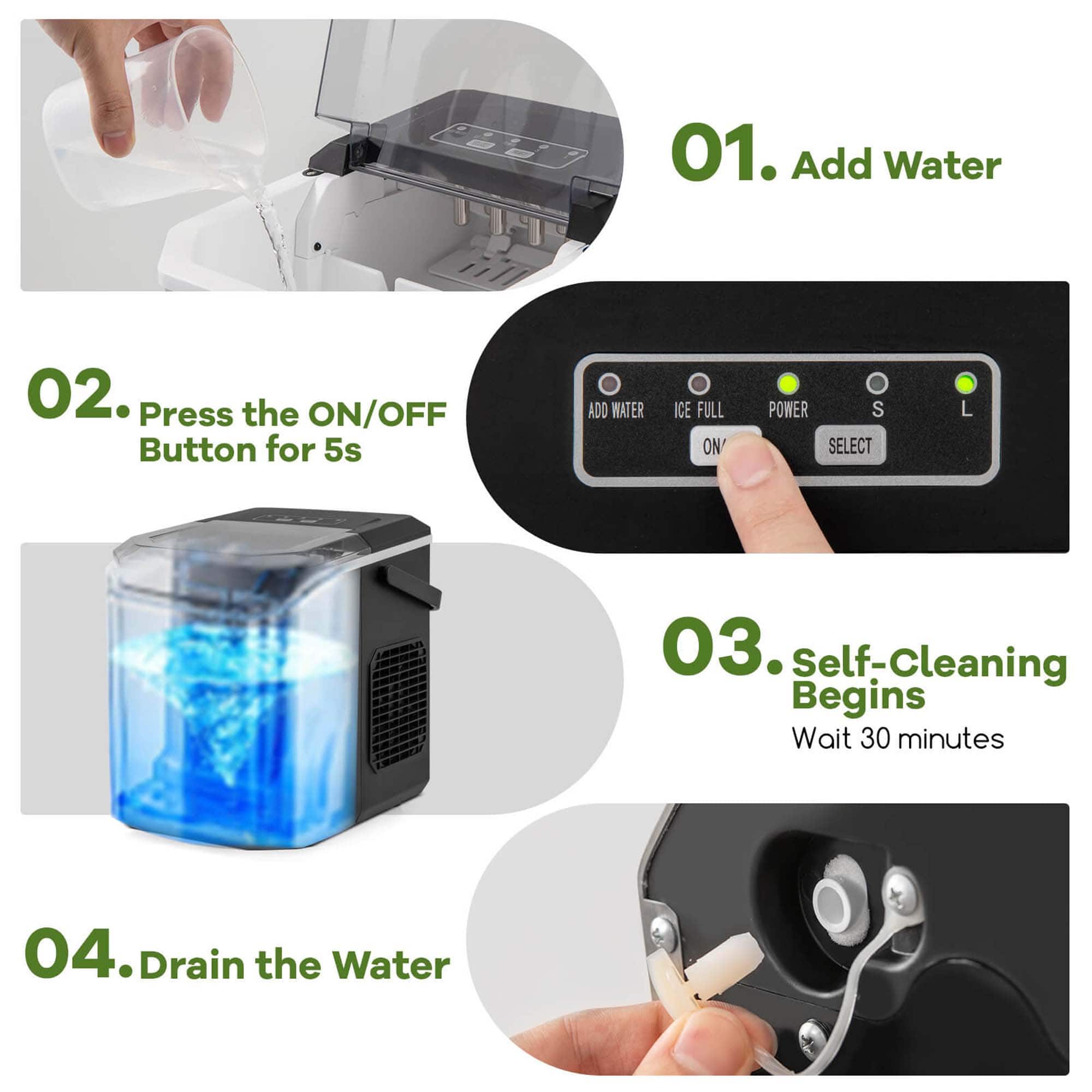 01. Add Water
02. Press the ON/OFF Button for 5 seconds
03. Self-Cleaning Begins
04. Wait 30 minutes
05. Drain the Water
