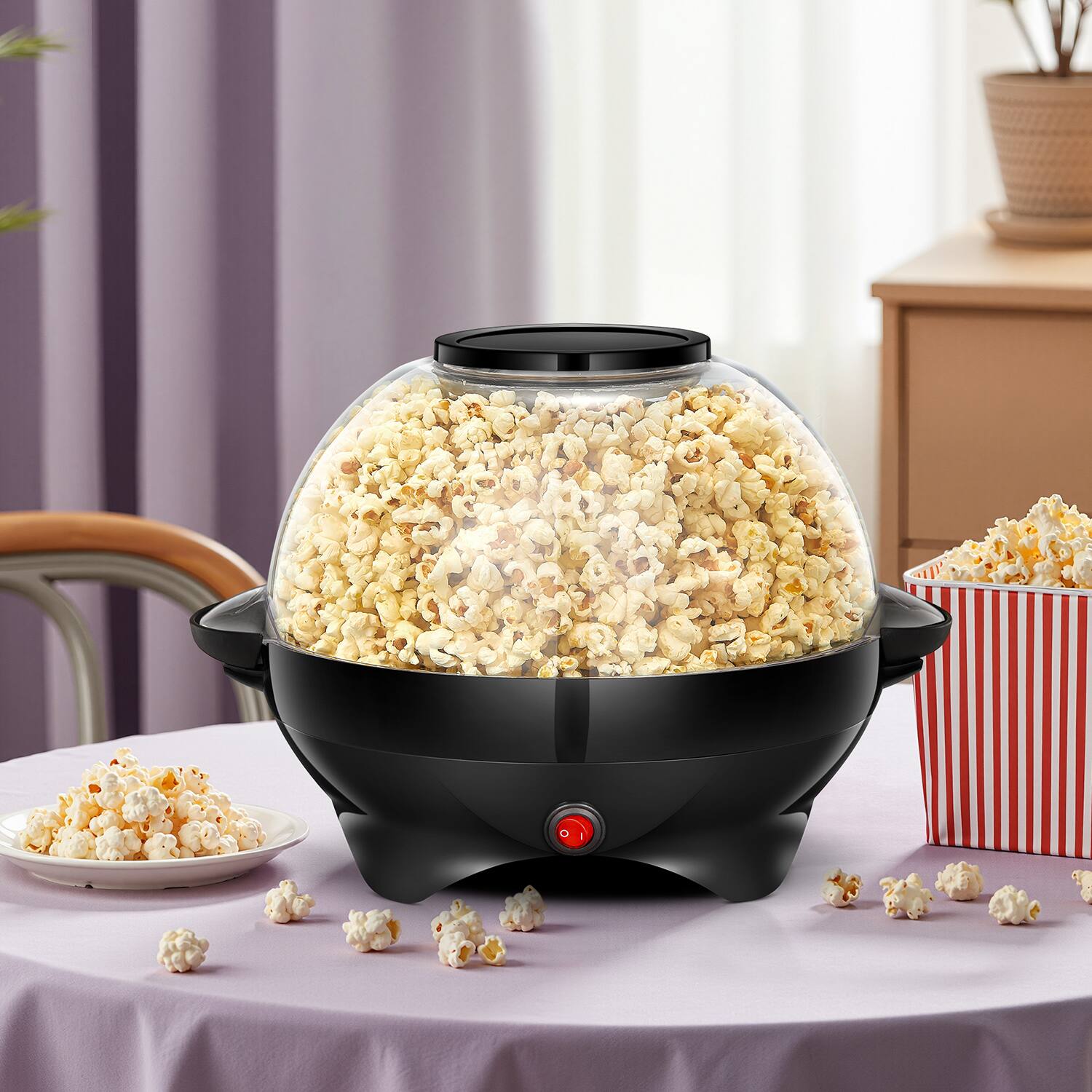 Front. KEINVE - Popcorn Machine, 6-Quart Popcorn Popper maker, Nonstick Plate, Electric Stirring with Quick-Heat Technology (Black) - Black.