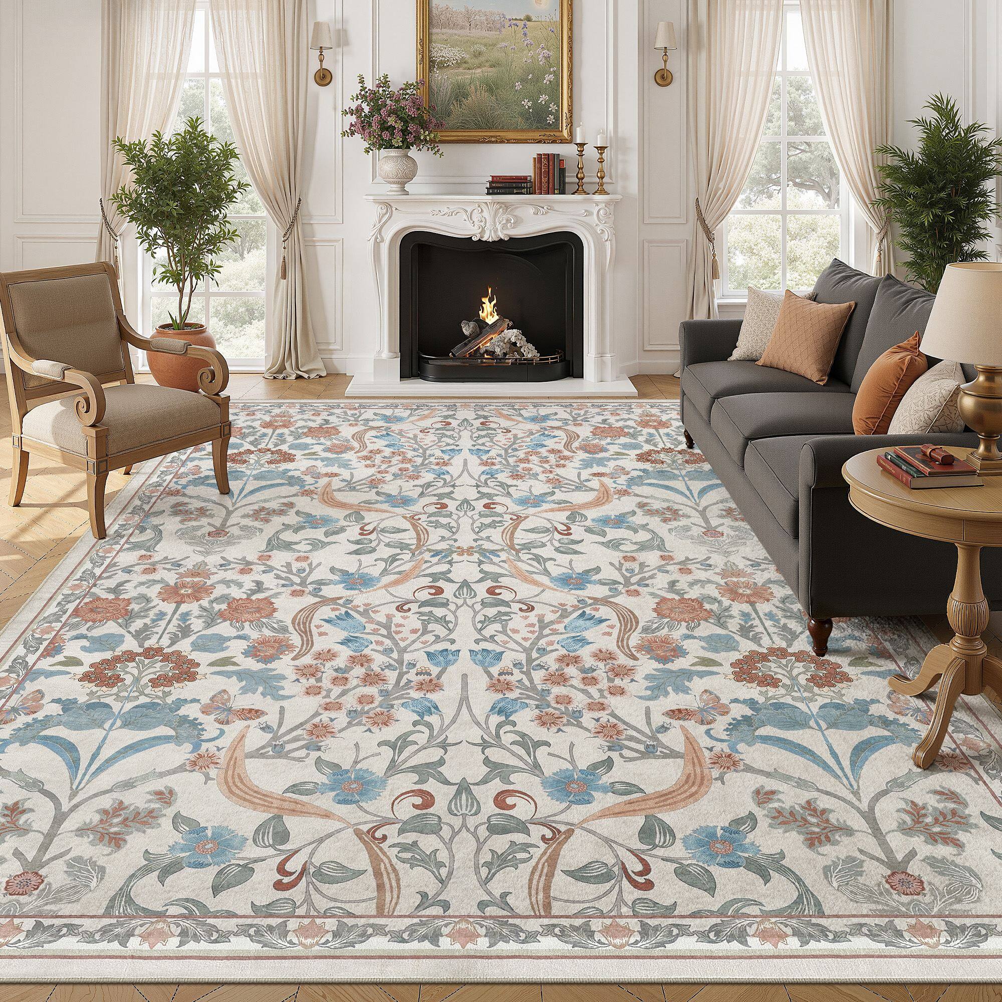Left. Yardgrace - 8'x10' ft Floral Bohemian Area Rug, Vintage Washable Printed Boho Carpet for Living Room Bedroom - Beige.