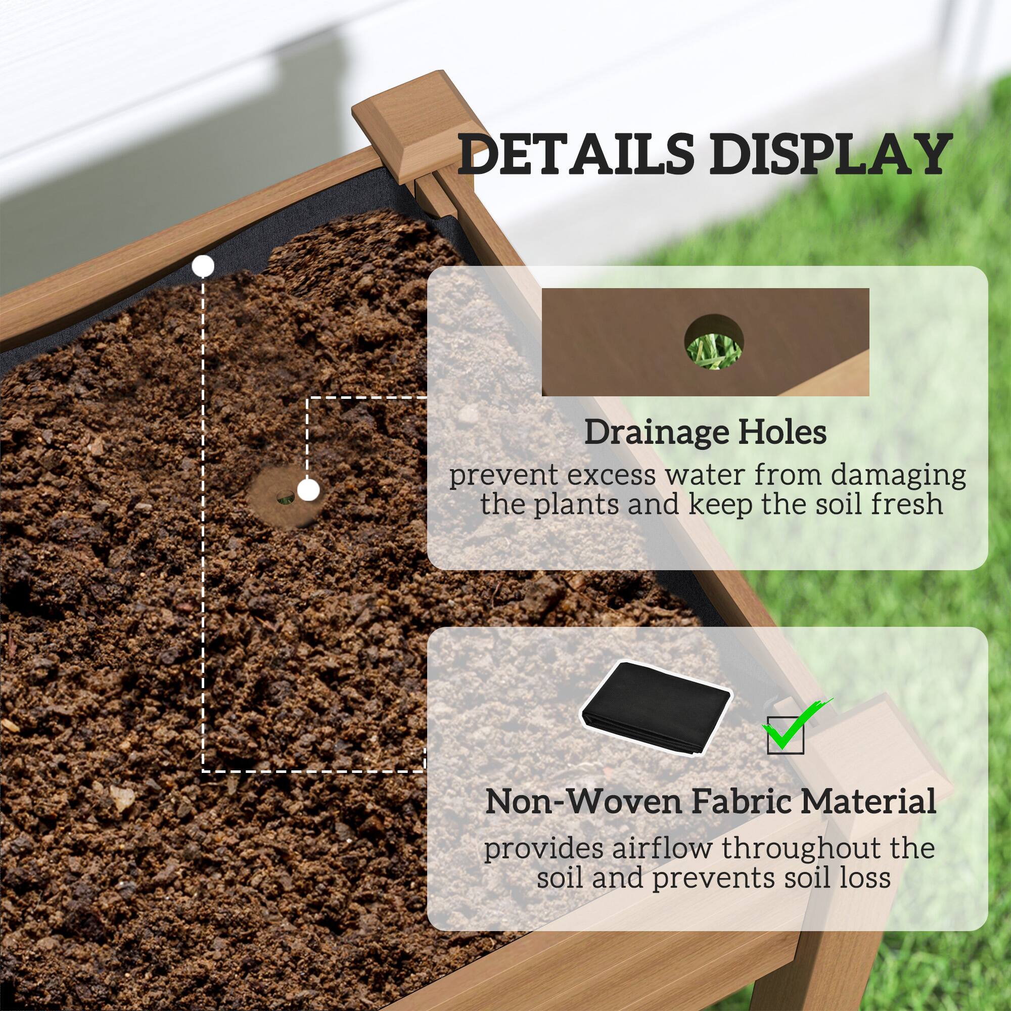 DETAILS DISPLAY

- **Drainage Holes**
  - Prevent excess water from damaging the plants and keep the soil fresh.

- **Non-Woven Fabric Material**
  - Provides airflow throughout the soil and prevents soil loss.