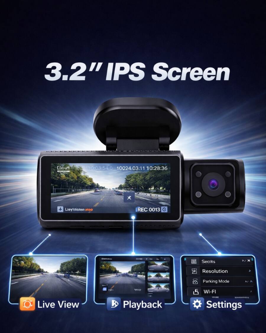 3.2" IPS Screen

- 20:03:54.0 10024.03.11 10:28:36
- REC 0013
- Settings
- Resolution
- Parking Mode
- Wi-Fi
- Live View
- Playback