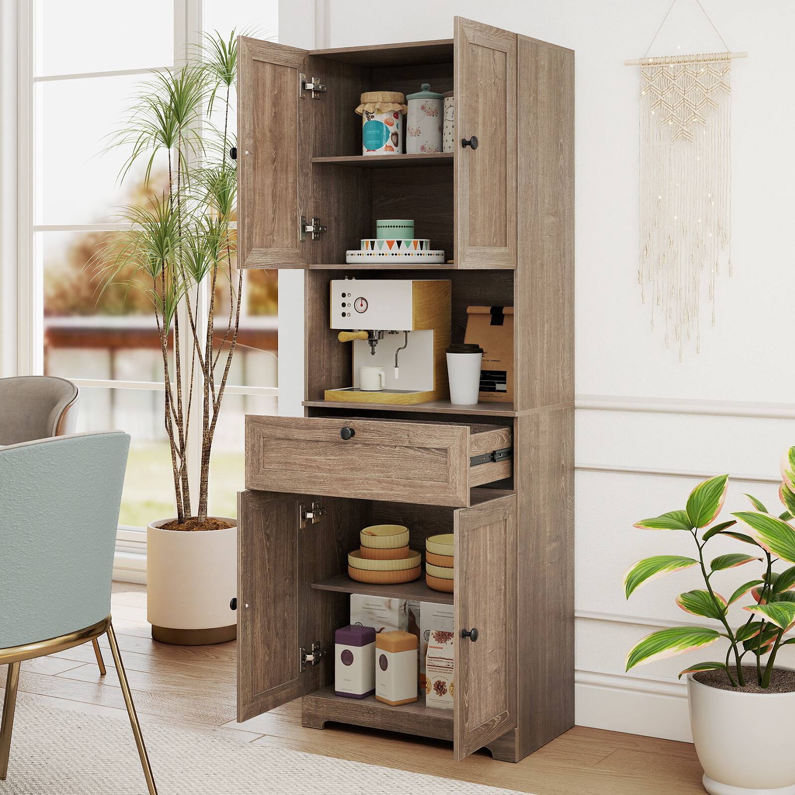 Alt View 4. Gymax - Gymax 67.5'' Kitchen Pantry Cabinet w/4 Doors 1 Drawer Open Countertop Adjustable Shelf Gray Oka - Grey.