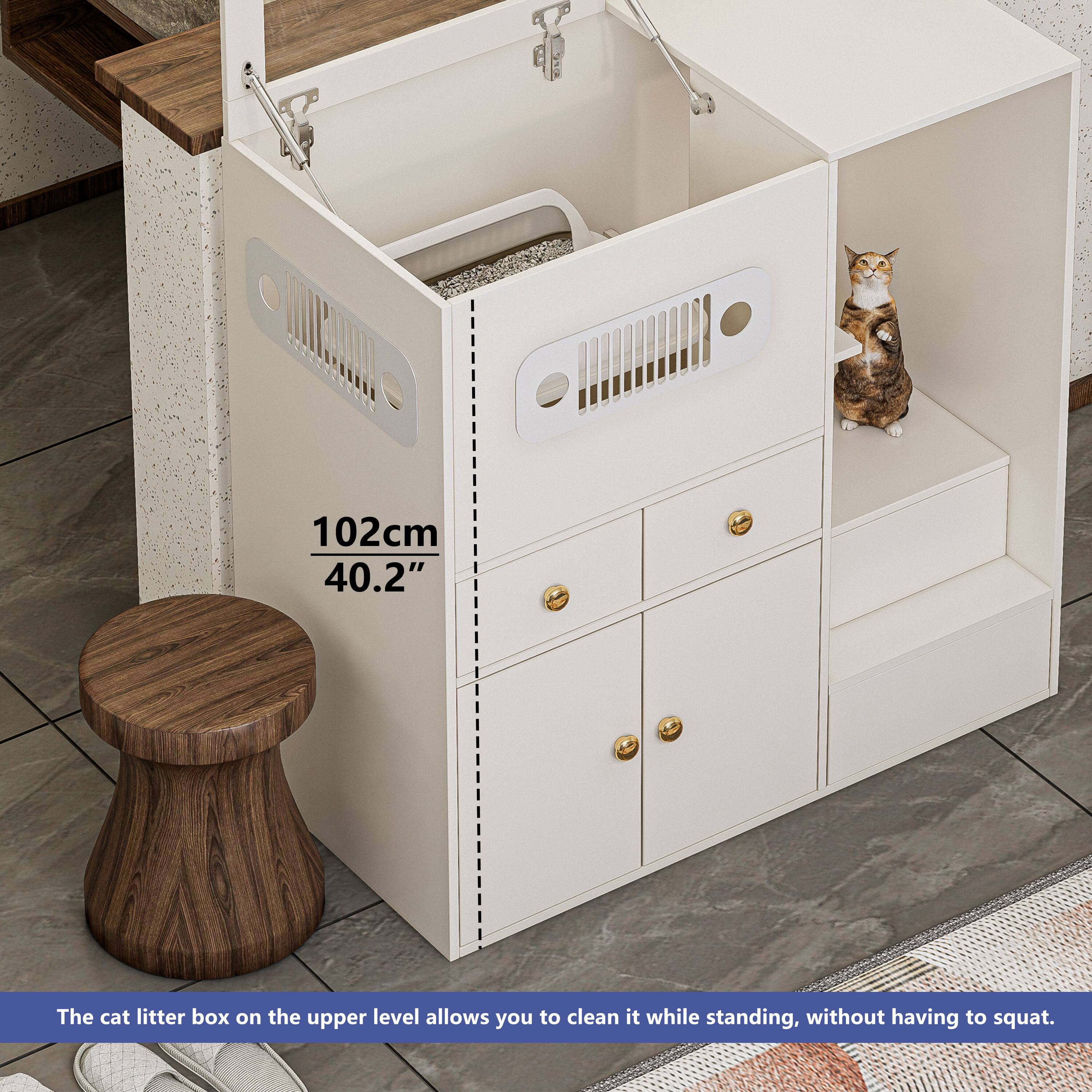 The cat litter box on the upper level allows you to clean it while standing, without having to squat.

102 cm  
40.2"