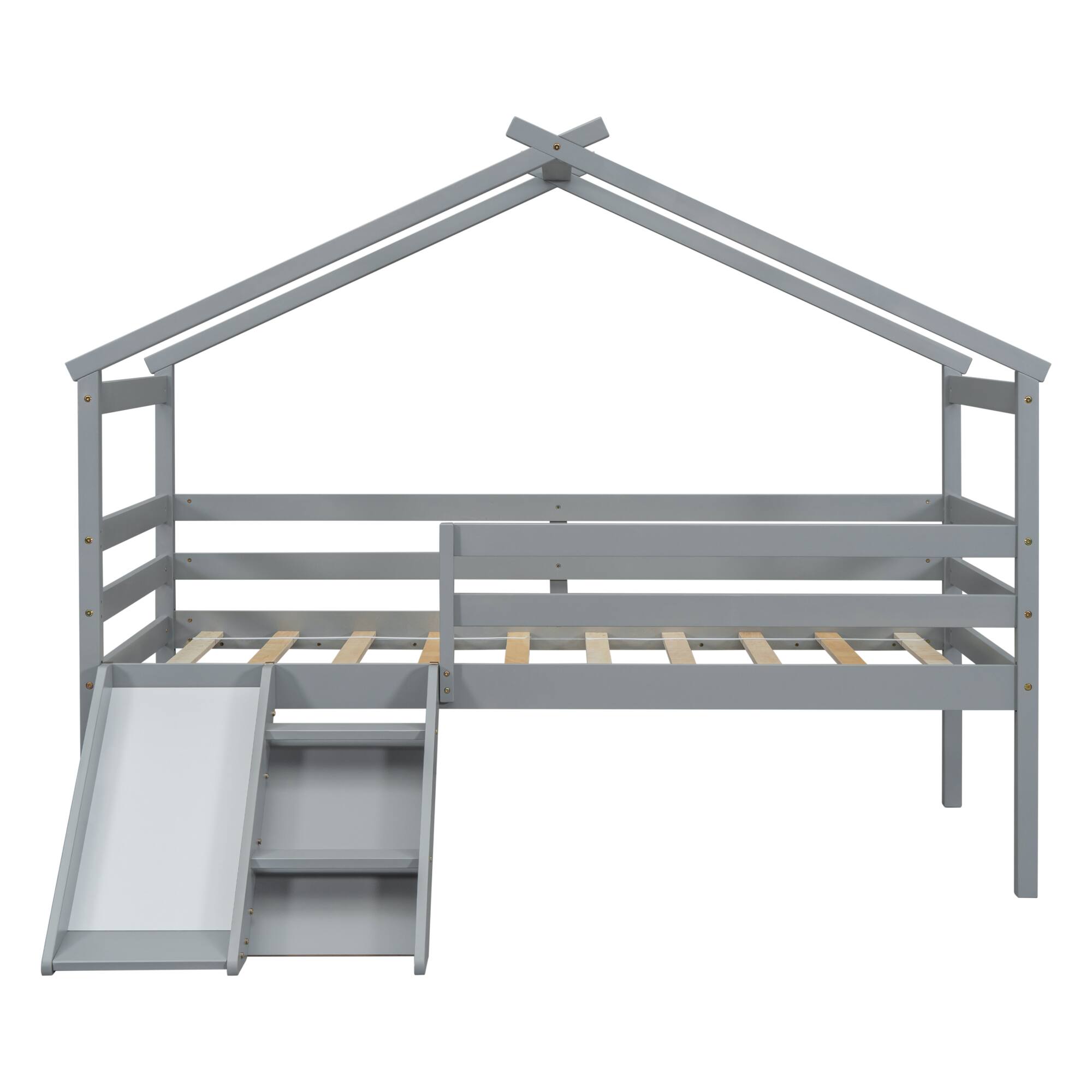 Alt View 1. GOODSILO - Low Loft House Bed with Slide and Ladder for Kids Featuring Safety Guardrails and Play Space - Grey.