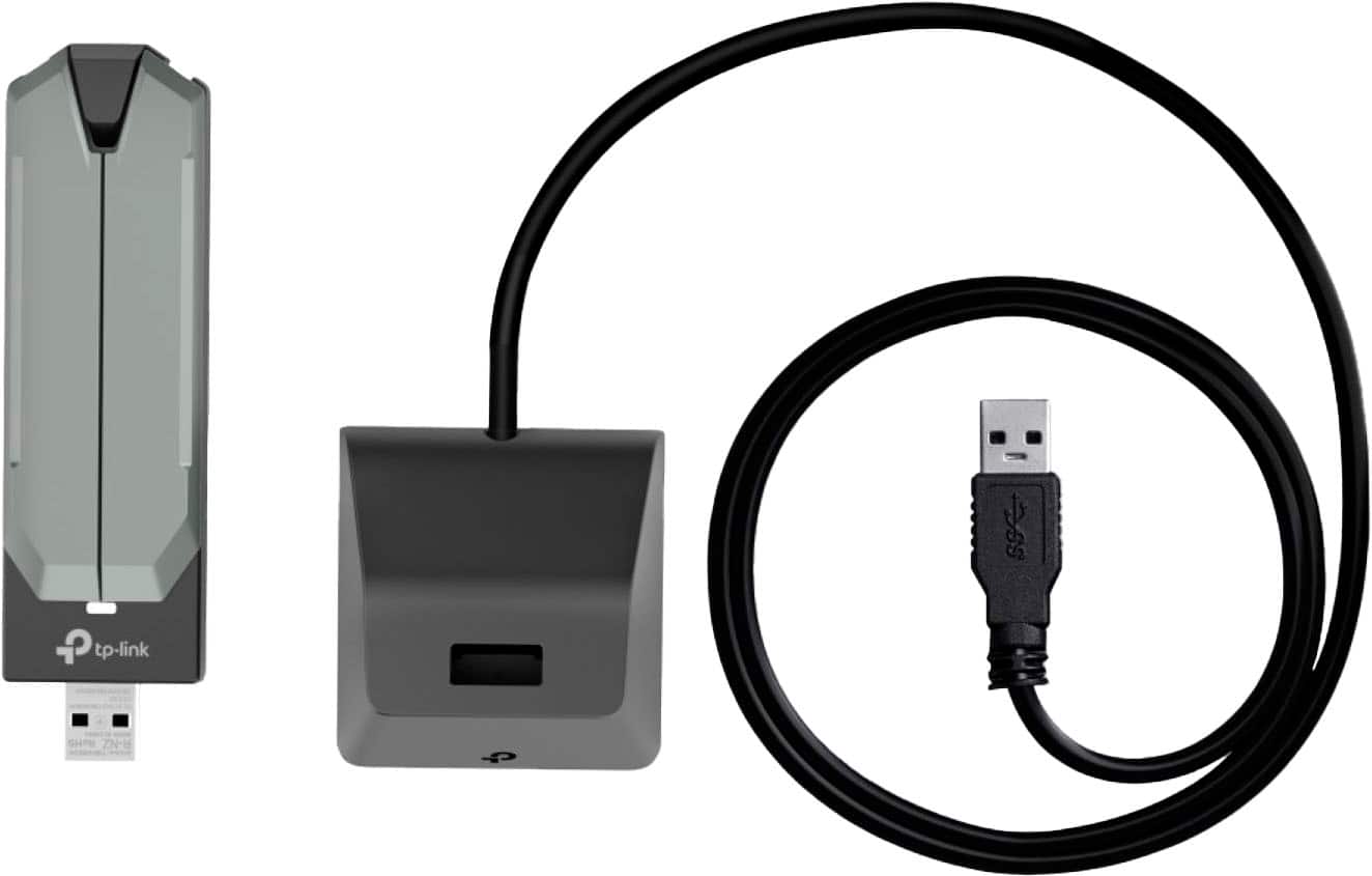 Left. TP-Link - BE6500 Tri-Band Wi-Fi 7 Lightning-Fast High Gain Wireless USB Adapter for Boosted Range - Black.