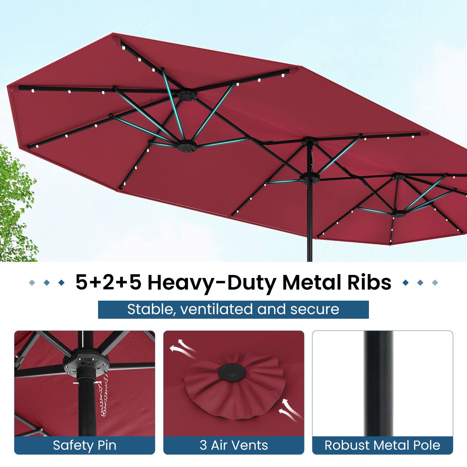 5+2+5 Heavy-Duty Metal Ribs  
Stable, ventilated and secure  
Safety Pin  
3 Air Vents  
Robust Metal Pole