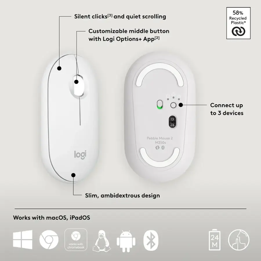 Silent clicks and quiet scrolling (58% recycled plastic) Customizable middle button with Logi Options+ App (2) Connect up to 3 devices Pebble Mouse 2 M350s logi Slim, ambidextrous design Works with macOS, iPadOS, and Chromebook (24 M)