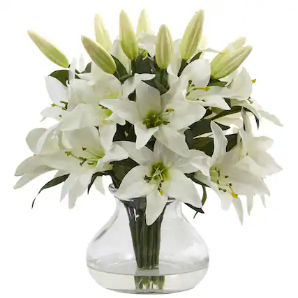 Front. BreeBe - 13.5" Lily Arrangement with Vase - White.