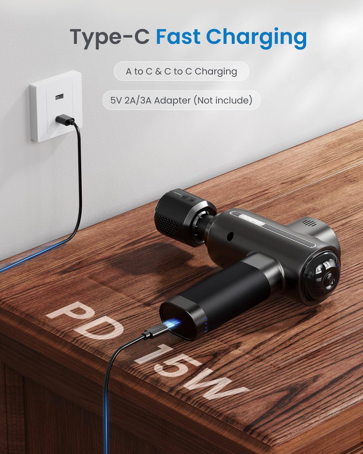 Type-C Fast Charging  
A to C & C to C Charging  
5V 2A/3A Adapter (Not include)  
PD 15W