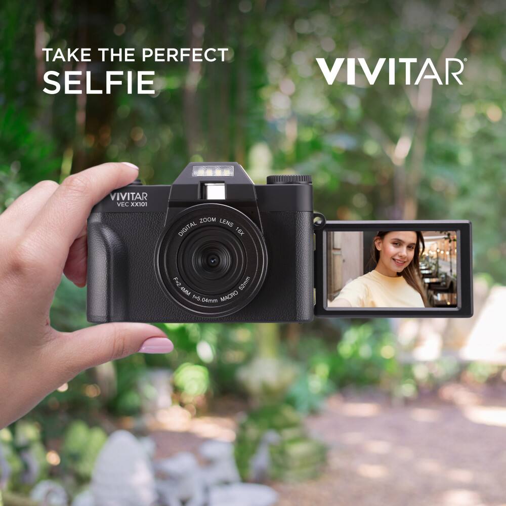 Take the perfect selfie with the Vivitar VEC XX101 Zoom Lens Digital Camera. This camera features a 16k resolution, a 4mm macro lens, and a 0.4mm aperture, making it ideal for capturing high-quality selfies.