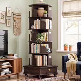 Aheaplus - 6-Tier Rotating Bookshelf: Lockable Wheels & Hidden Drawer, Adjustable Height - Walnut