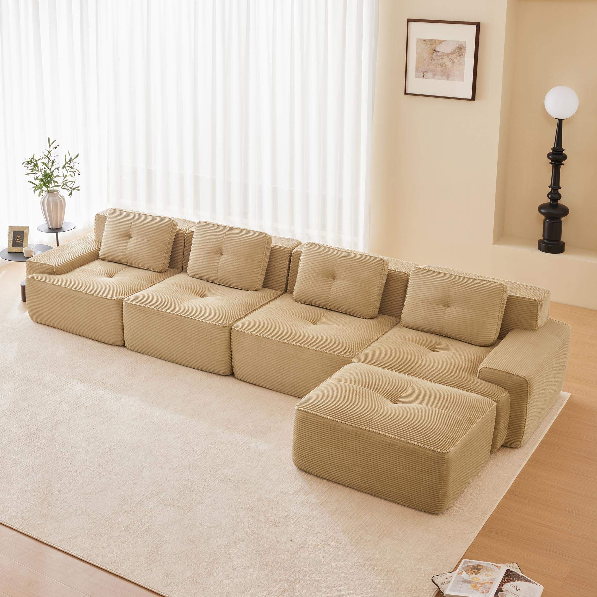 Left. Roomtec - 153 inch Modern LShaped Modular Sectional Sofa for Living Room Corduroy Fabric 4Seater Couch with Deep Seat and Movable - Camel.