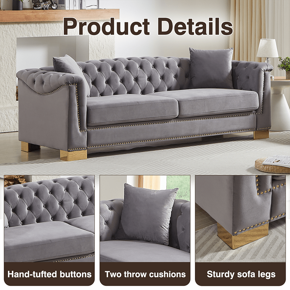 Product Details

- Hand-tufted buttons
- Two throw cushions
- Sturdy sofa legs