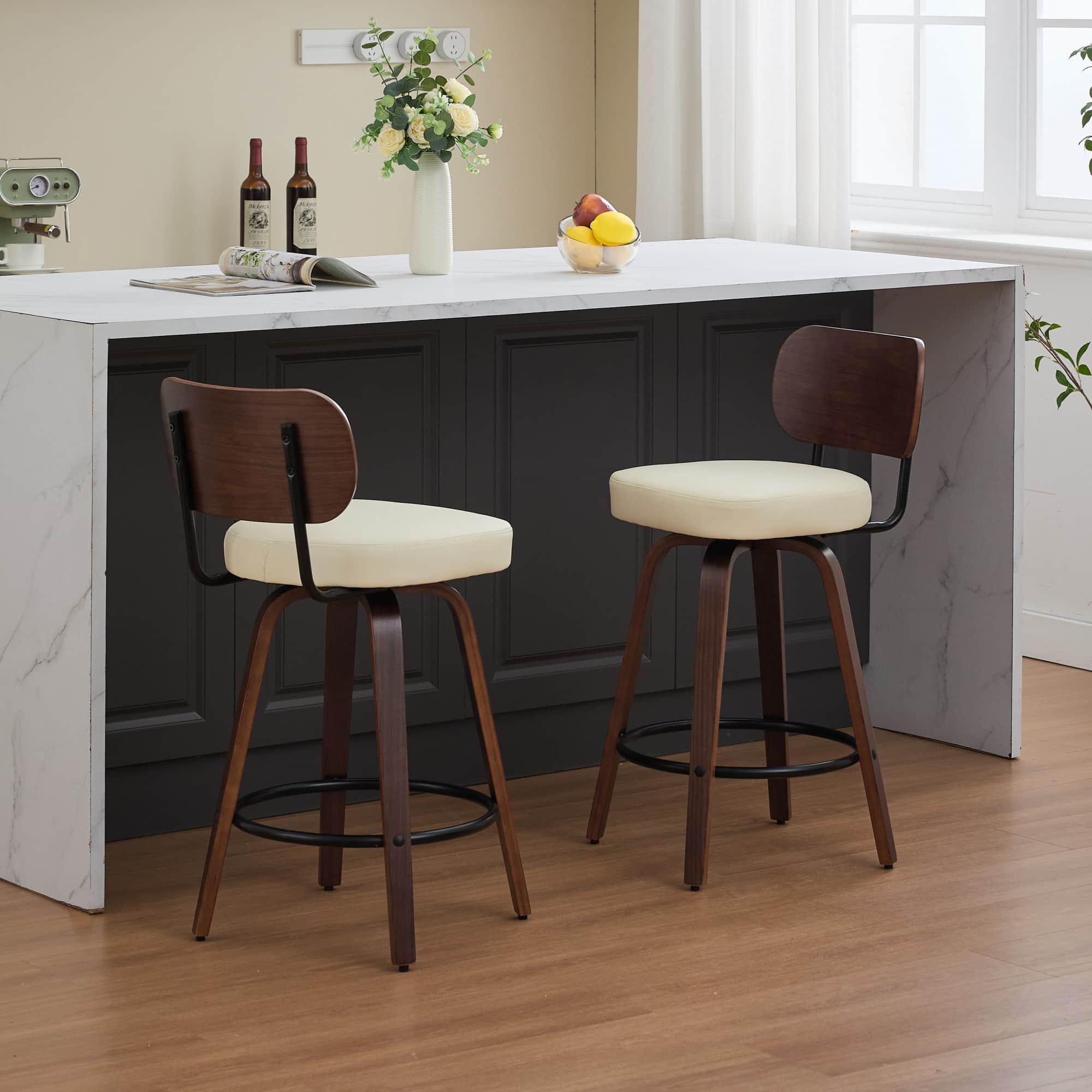 PexFix - Mid-Century Modern Bar Stools, Set of 2, Bentwood Legs, Upholstered Leather Seat, Swivel for Kitchen Island - Beige