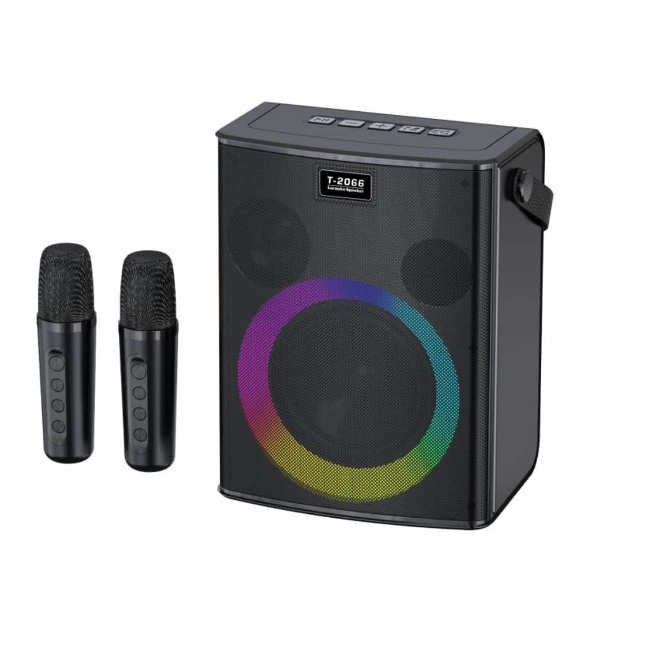 PRIMEPLUS - Portable Bluetooth Karaoke Speaker with 2 Wireless Microphones LED Light Show and AUX USB Inputs for Outdoor Singing - Black