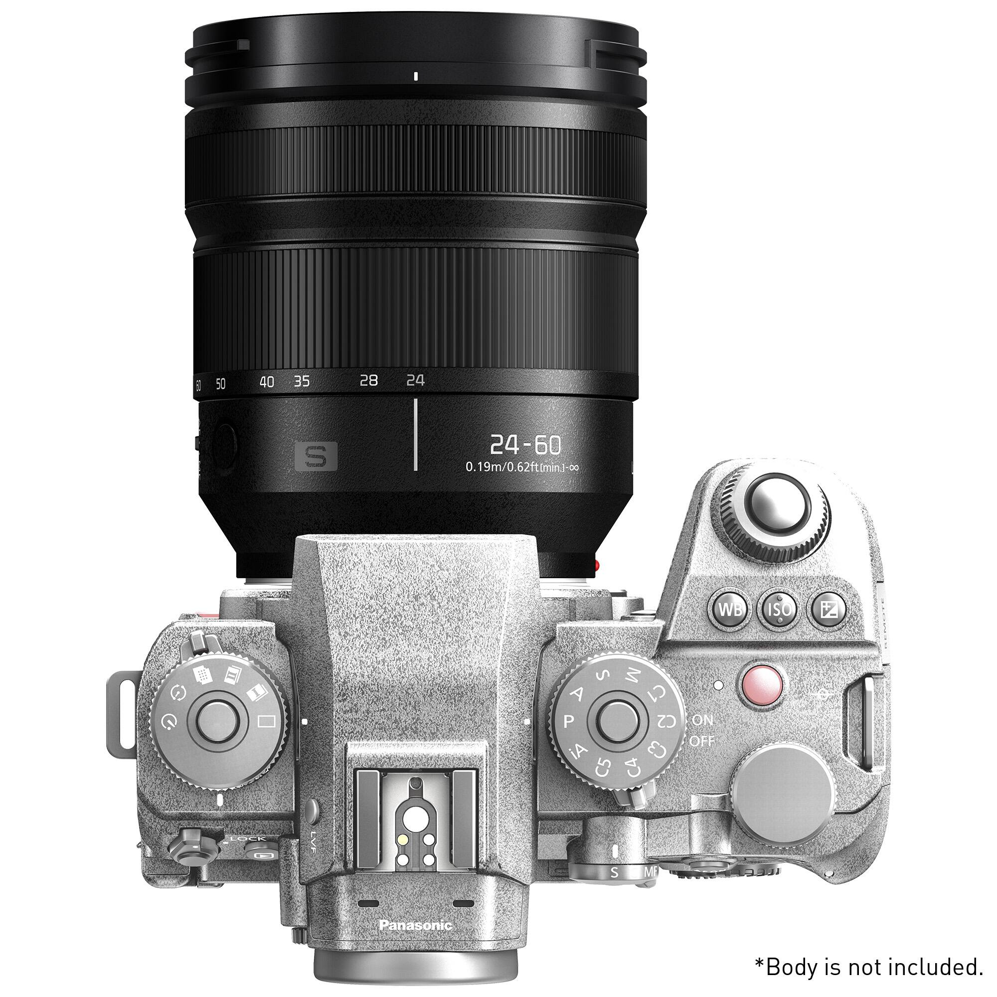 The image features a Panasonic camera with a zoom lens attached to it. The lens is a 24-60mm lens, and the camera has a 0.19m/0.62ft minimum focus distance. The camera is equipped with a zoom control, and the lens has a body not included.