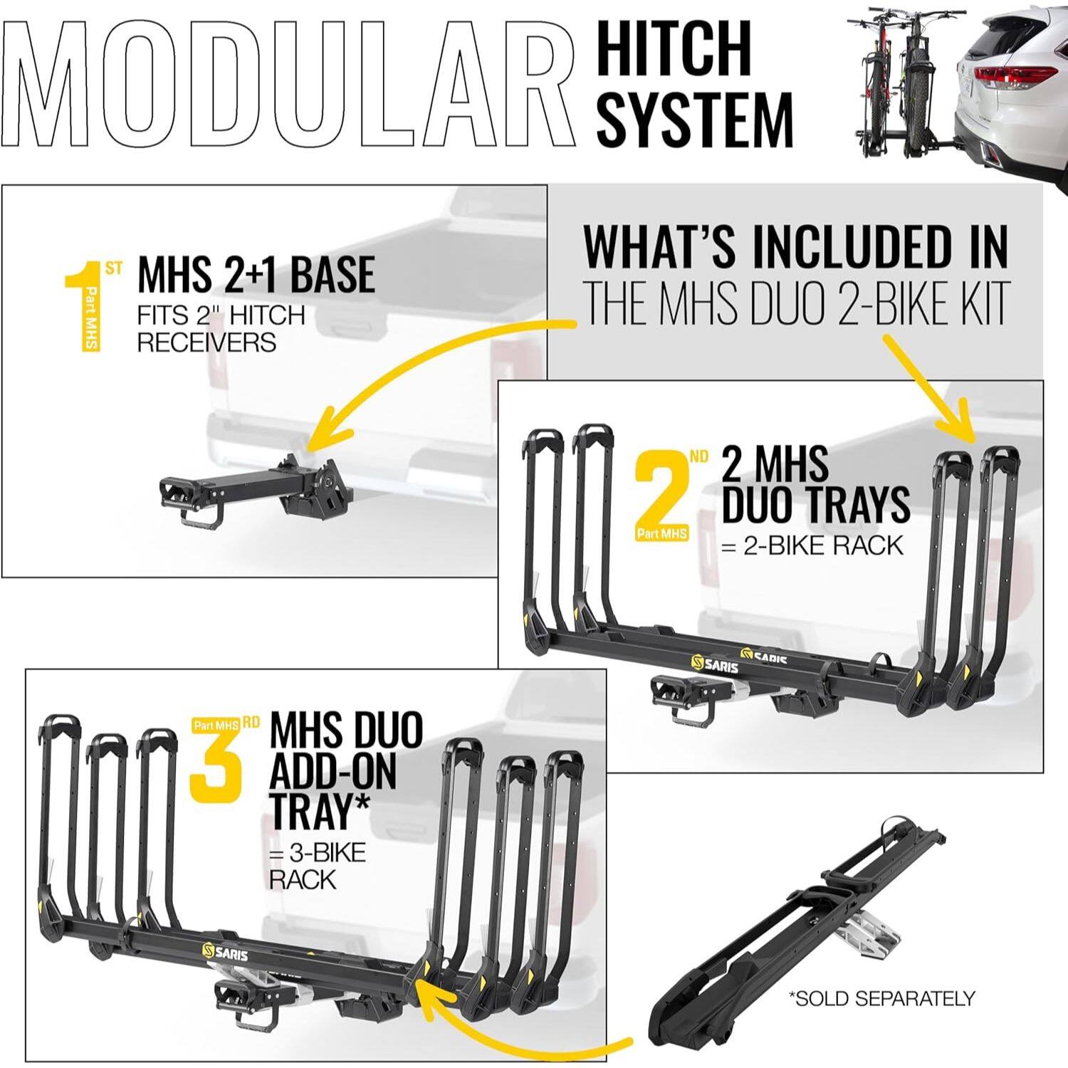 **MODULAR HITCH SYSTEM**

**WHAT'S INCLUDED IN THE MHS DUO 2-BIKE KIT**

1. **MHS 2+1 BASE**  
   - Part MHS  
   - FITS 2" HITCH RECEIVERS

2. **2 MHS DUO TRAYS**  
   - Part MHS  
   - = 2-BIKE RACK

3. **MHS DUO ADD-ON TRAY**  
   - Part MHS RD  
   - = 3-BIKE RACK  
   - *SOLD SEPARATELY*
