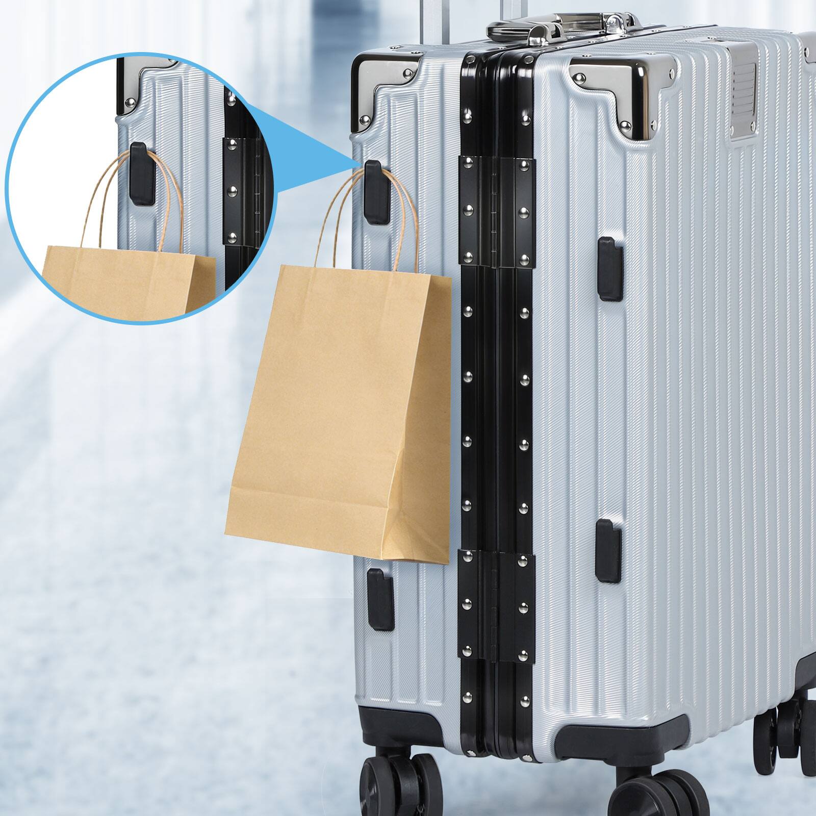 Back. Oumilen - 2 Piece Silver Travel Set – 20" ABS Aluminum Carry On with TSA Lock + Expandable Tote, Silent Wheels - Silver.
