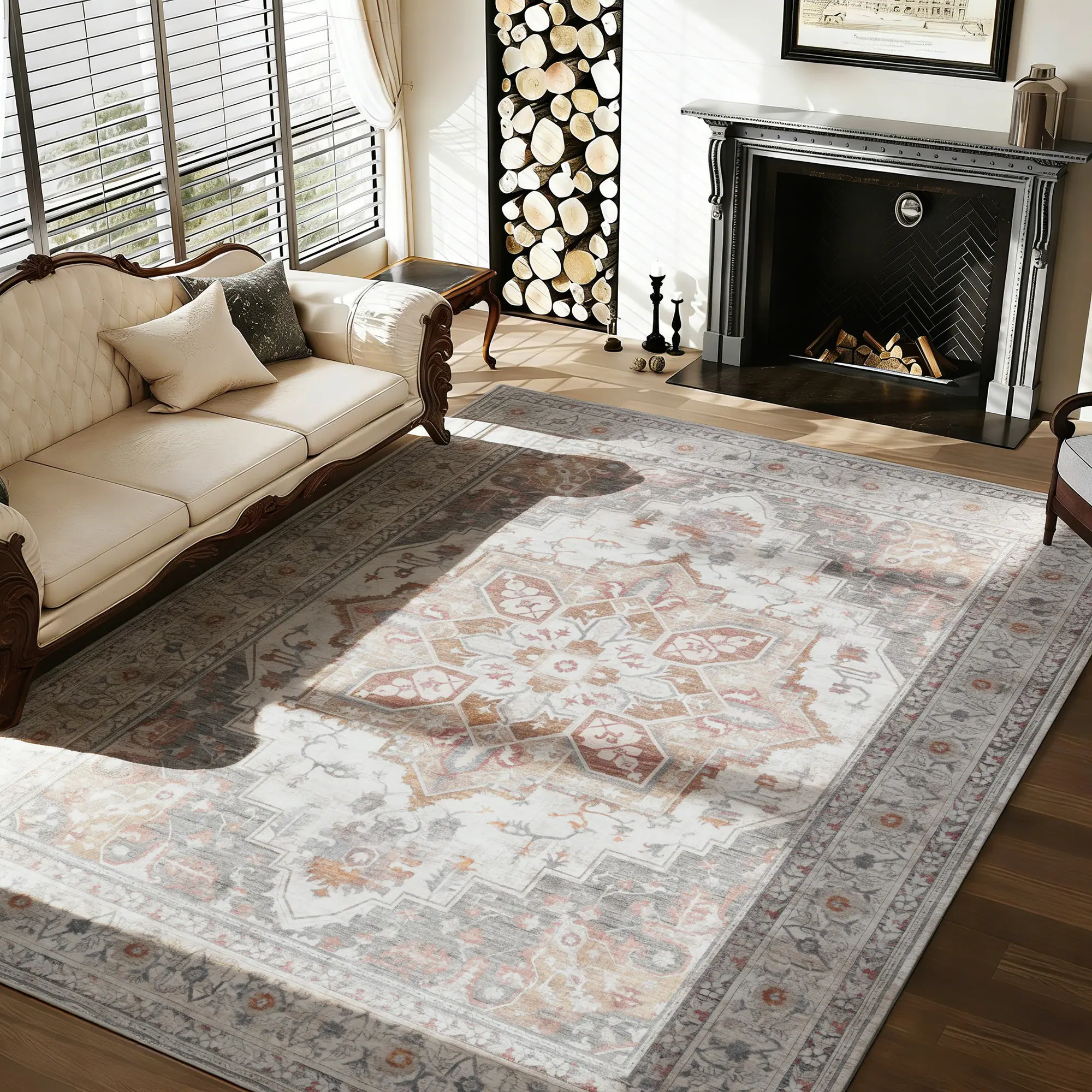 Angle. RYHNUYNE - 8x10 Area Rugs for Living Room,Orange Vintage Large Area Rug, Washable Stain Resistant Carpet,Home Decor Rug for Office - Orange-Gray.