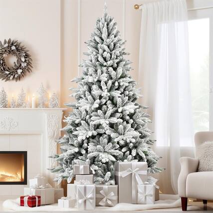 Front. Pefilos - 7ft Flocked Christmas Tree, PE+PVC Mixed Material, Hinged Design for for Christmas Decor - White.