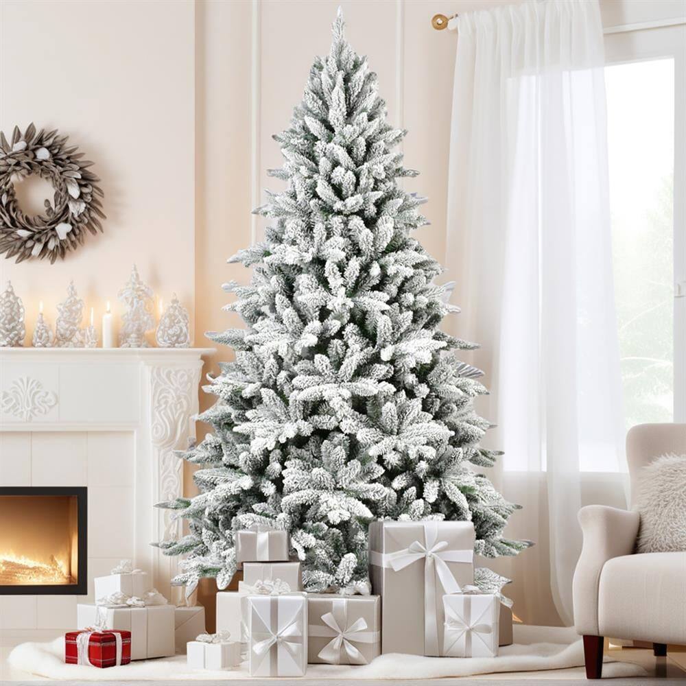 Front. Pefilos - 7ft Flocked Christmas Tree, PE+PVC Mixed Material, Hinged Design for for Christmas Decor - White.
