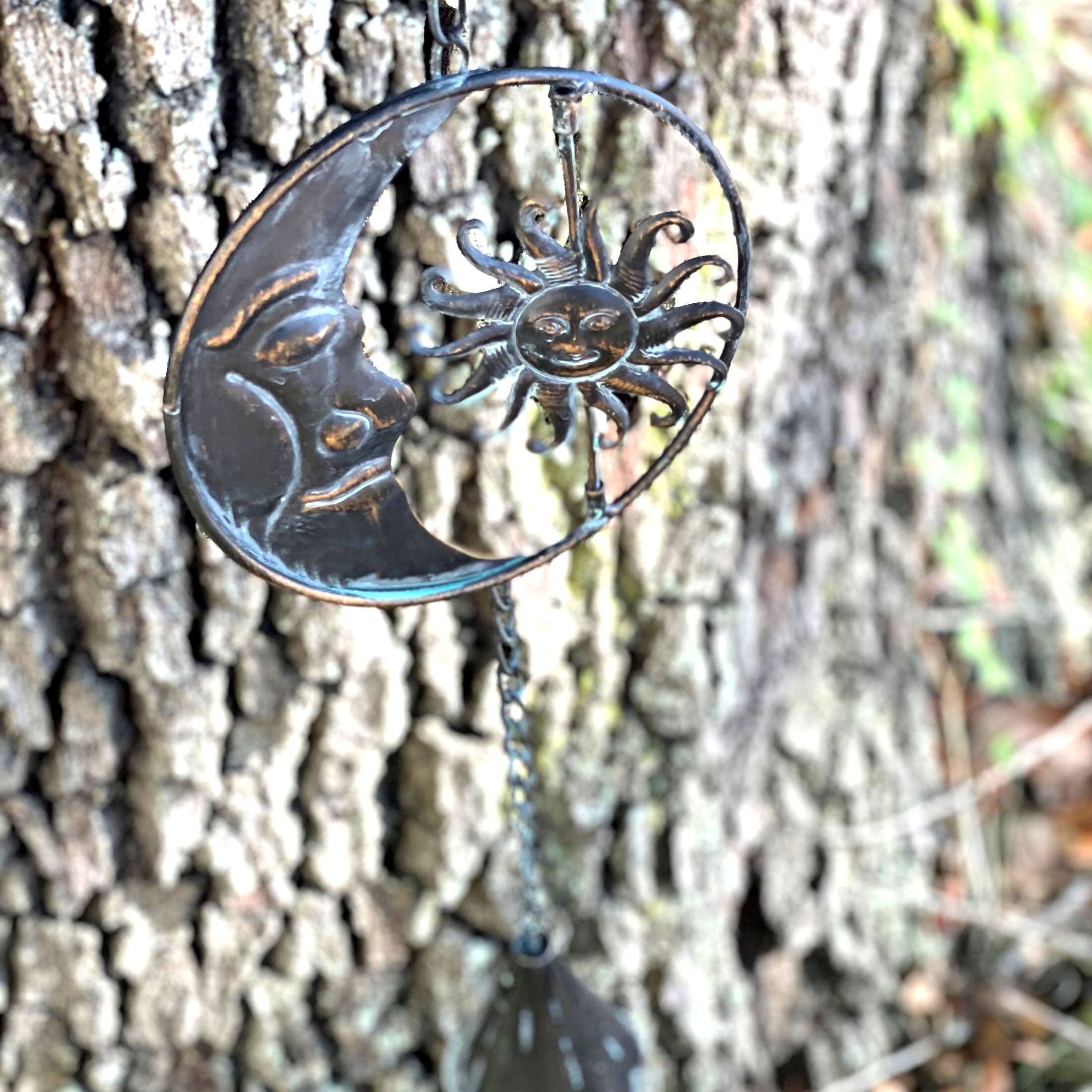 Alt View 5. Things2Die4 - 80-Inch Metal Rain Chain - 6 Celestial Crescent Moon & Suns, Verdigris Finish - Black.