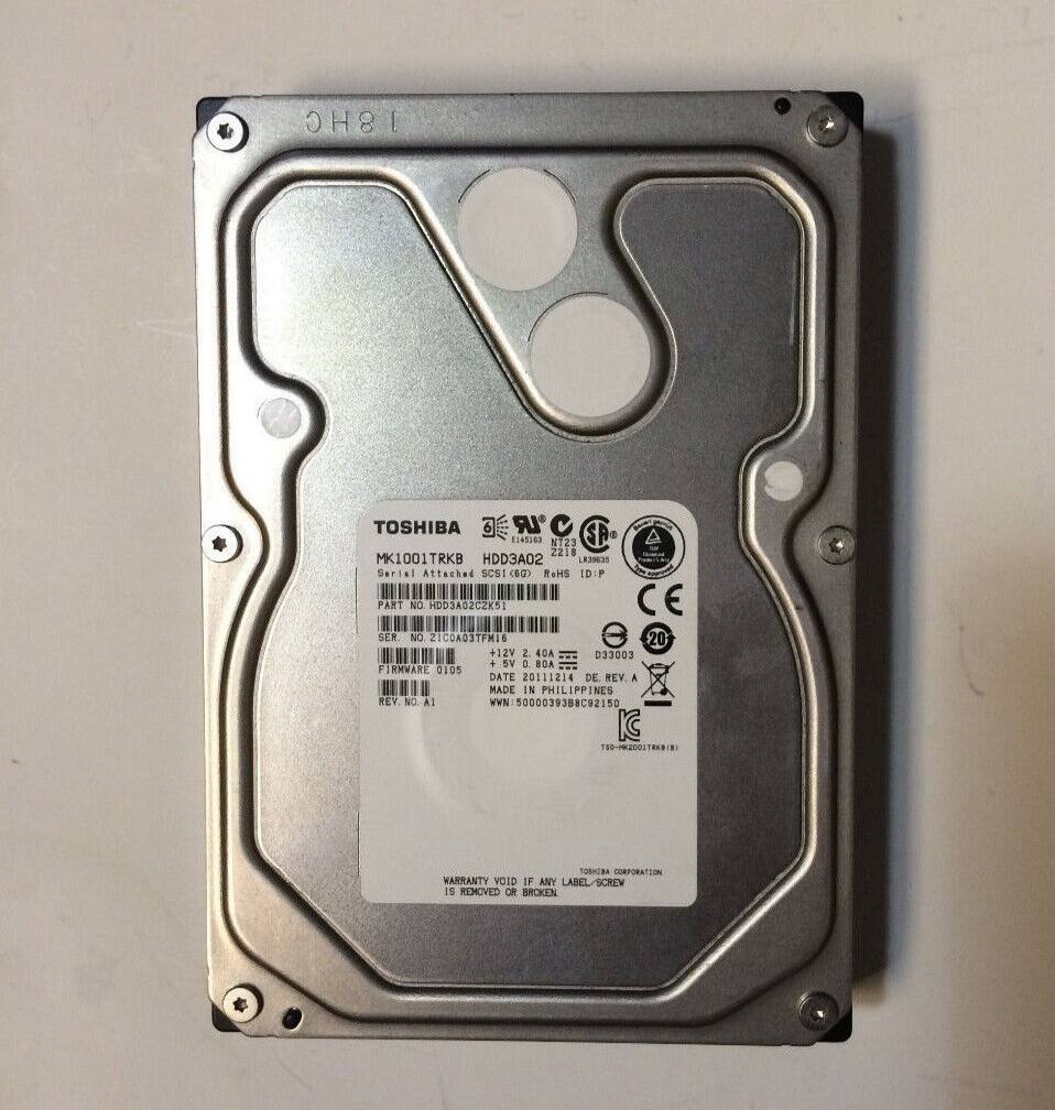 18HC TOSHIBA 6 LR SP LISSING NT23 2218 MK1001TRKB HDD3A02 LEMOS Serial Attached SCSI ReltS IDIP PART NC HO3A02C2K51 CE HII SER NO ZICOA03TFMI6 20 +12V 2 4DA EDDCEO + S 3 BOA F EMVARE 0105 DATE 20111214 DE FEY A MADE IN PHILIPPINES FEV NO Al WN:5000039388C92150 K o-.od 1A CORPORATION KARTANTY VOID IF ANY LABEL/SCREW IS REMOVED NO BROKEN

TOSHIBA
PK1001TRKB HDD3A02
Serial Attached SCSI(6Gbps)
SER NO: ZICOA03TFMI6
FIRMWARE Q105
REV. NO. A1
MADE IN PHILIPPINES
WARRANTY VOID IF ANY LABEL/SCREW IS REMOVED OR BROKEN

CE
40A
D33