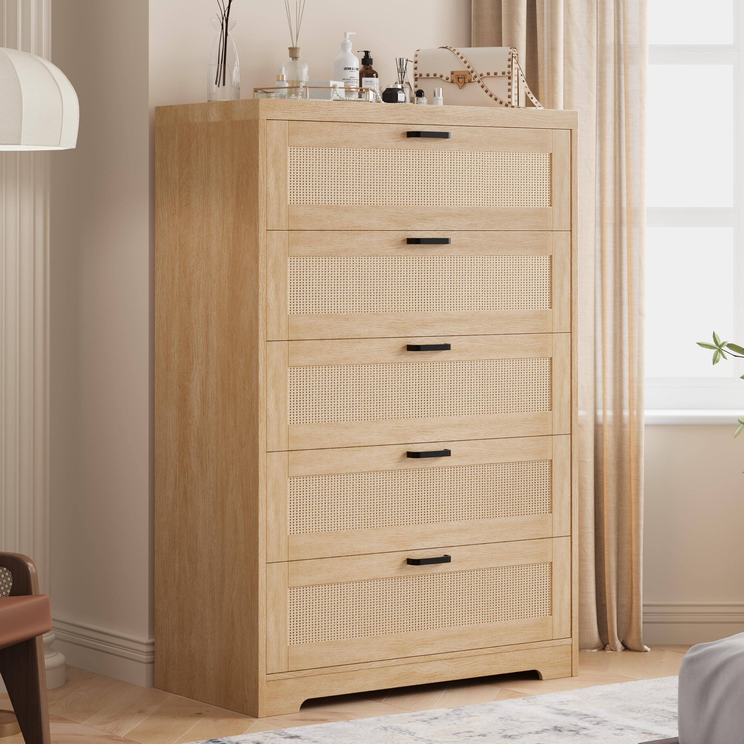 Front. Acekool - 5 Drawer Rattan Dresser for Bedroom, 47.27” Tall Dresser with Power Outlets, Wood Dresser Chest of Drawers - Brown.