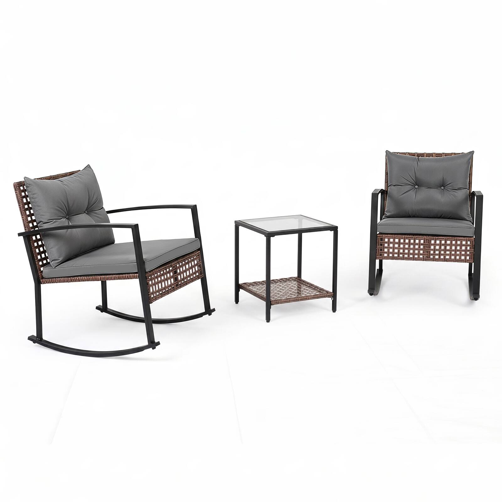 Alt View 7. Gymax - Gymax 3PCS Rattan Wicker Patio Conversation Set w/Chairs 2-Tier Glass-Top Coffee Table Mixed Brown & Gray - Gray.