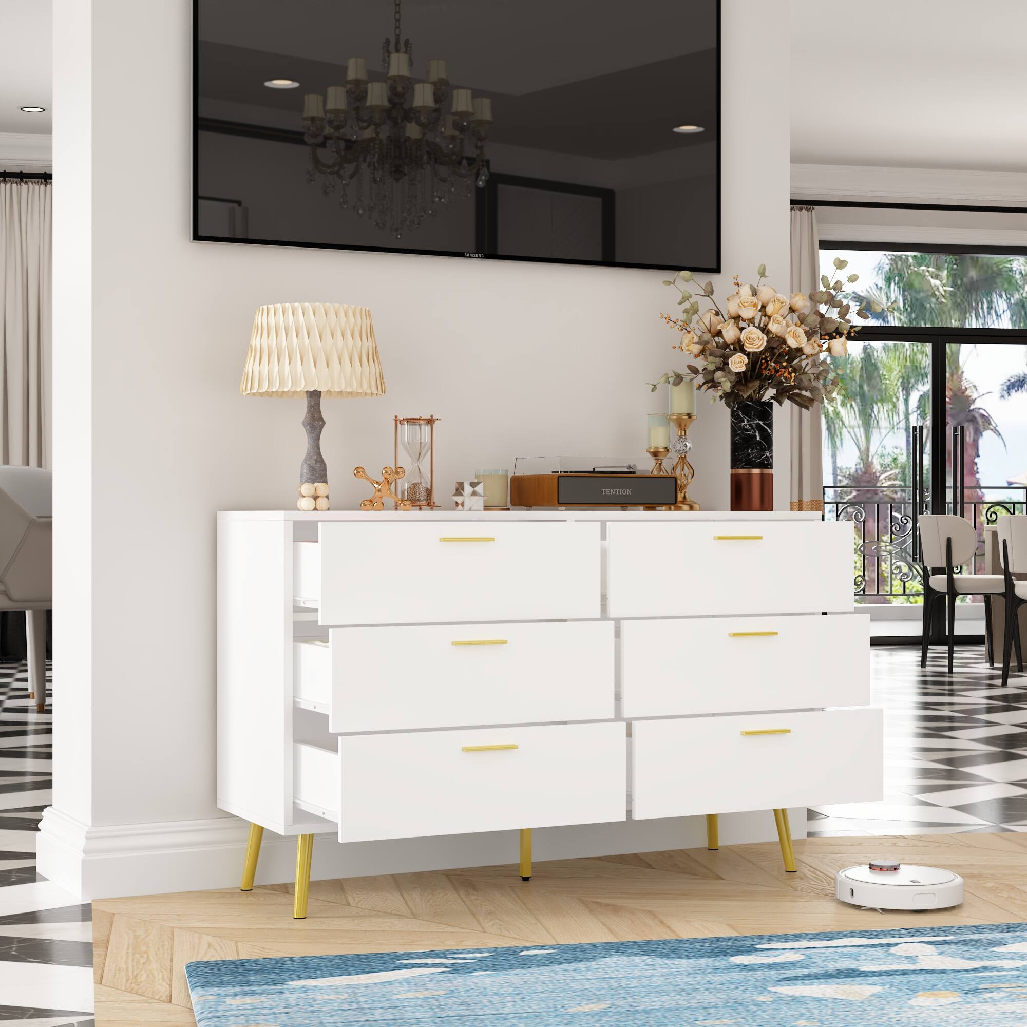 Left. FUFU & GAGA - FUFU&GAGA 6 - Drawer Double Dresser - Elevated Storage for Modern Living - White.