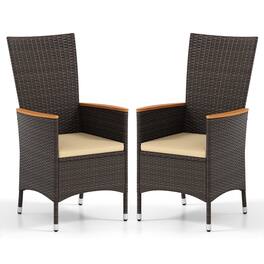 Gymax - Patio Rattan Chairs 2 PCS w/High Backrest & Acacia Wood Armrests Cushion Mix - Brown
