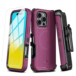 Mybat Pro - Maverick Series MagSafe Case with Holster and Tempered Glass for Apple iPhone 16 Pro - Plum