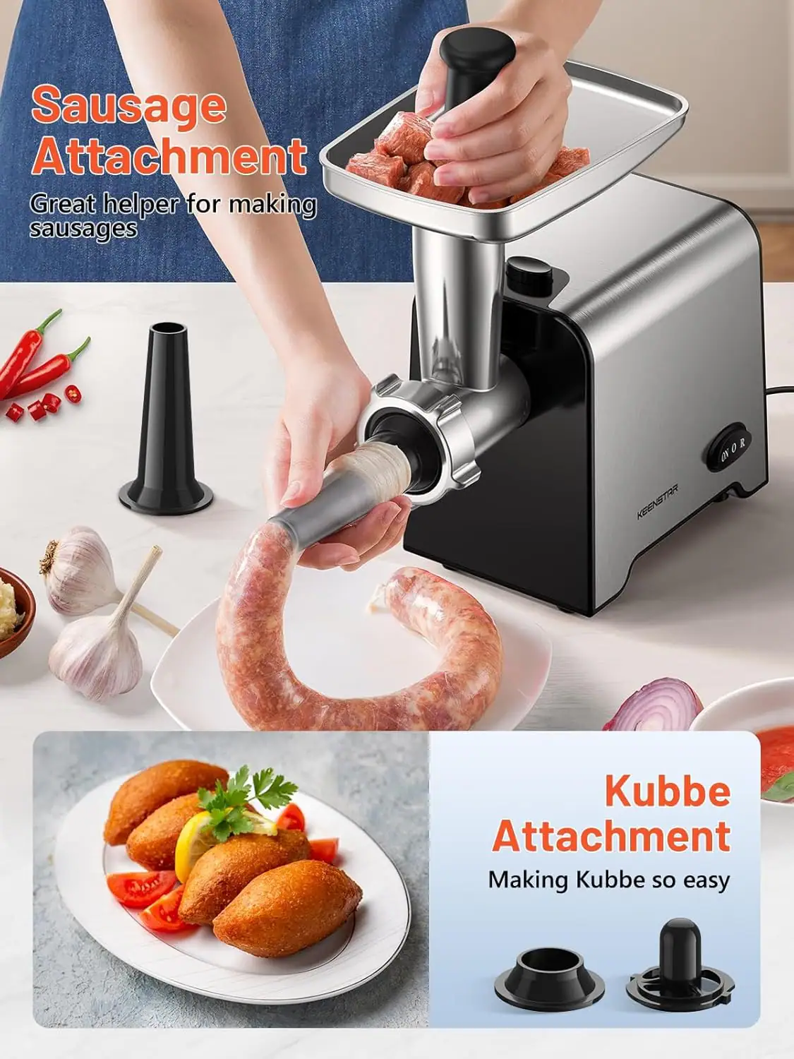 Sausage Attachment  
Great helper for making sausages  

Kubbe Attachment  
Making Kubbe so easy