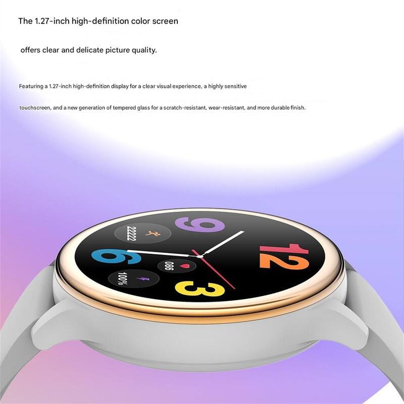 The 1.27-inch high-definition color screen offers clear and delicate picture quality. Featuring a 1.27-inch high-definition display for a clear visual experience, a highly sensitive touchscreen, and a new generation of tempered glass for a scratch-resistant, wear-resistant, and more durable finish.